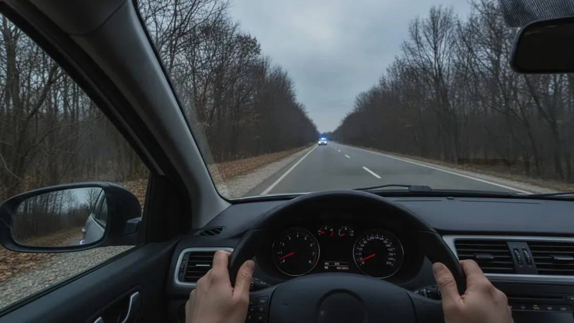 Vedere din scaunul șoferului unei mașini cu volan pe stânga, pe un drum de țară cu două benzi, mâinile pe partea de jos a volanului; în depărtare, o mașină de poliție cu girofarul albastru aprins stă la marginea drumului, sub un cer înnorat de toamnă, printre copaci desfrunziți.